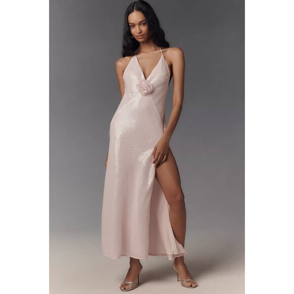 Bardot Aradia Sequin Halter Slip Dress Baby Pink 12 - Picture 1 of 4
